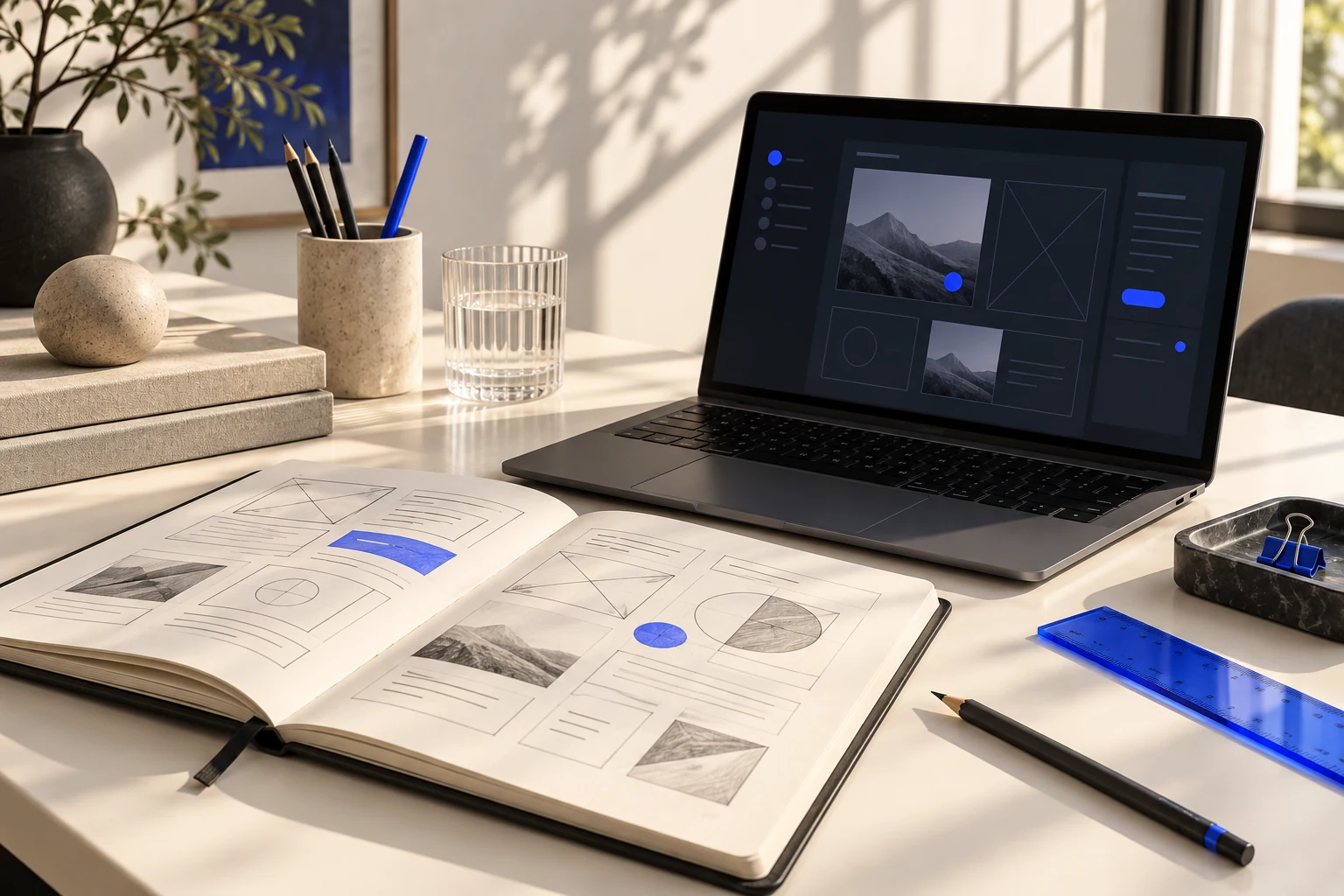 Sketchbook and laptop on a design studio desk