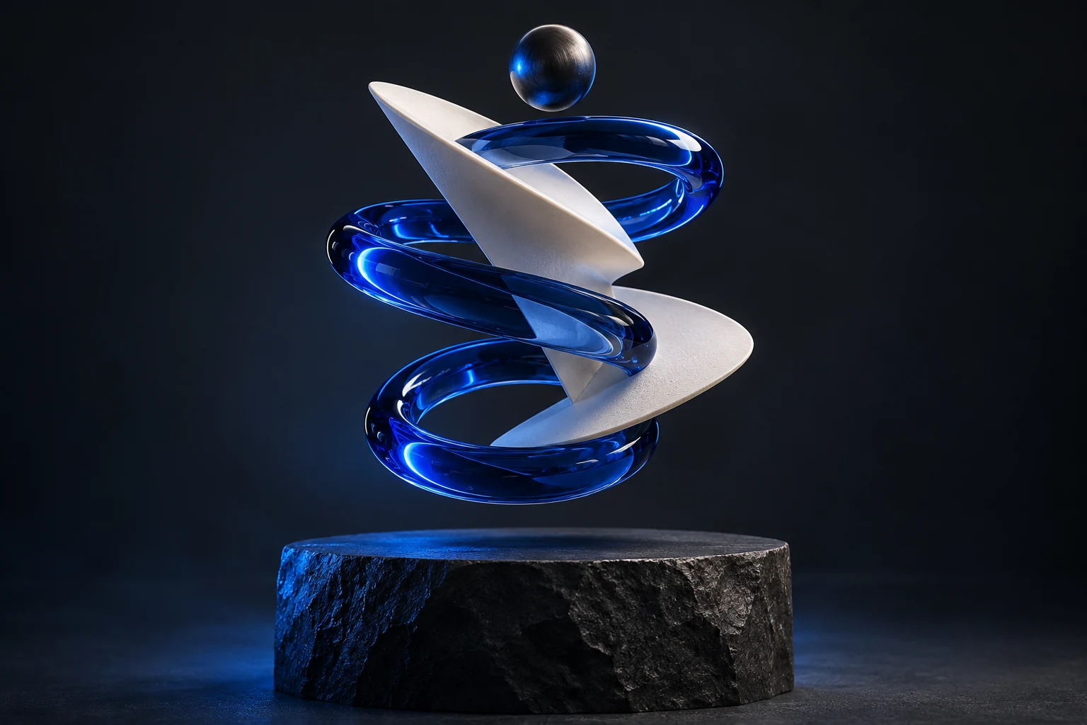 Cobalt glass and ceramic sculpture expressing design and engineering